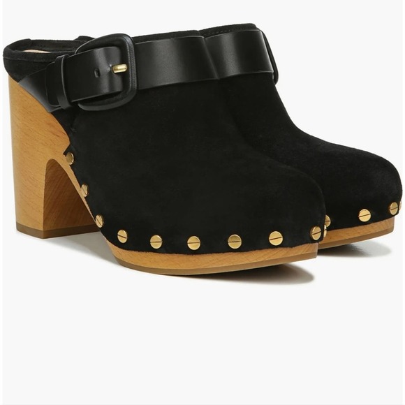 Veronica Beard Dacey buckled studded black suede stacked heel clogs size 9.5 new - Picture 4 of 11